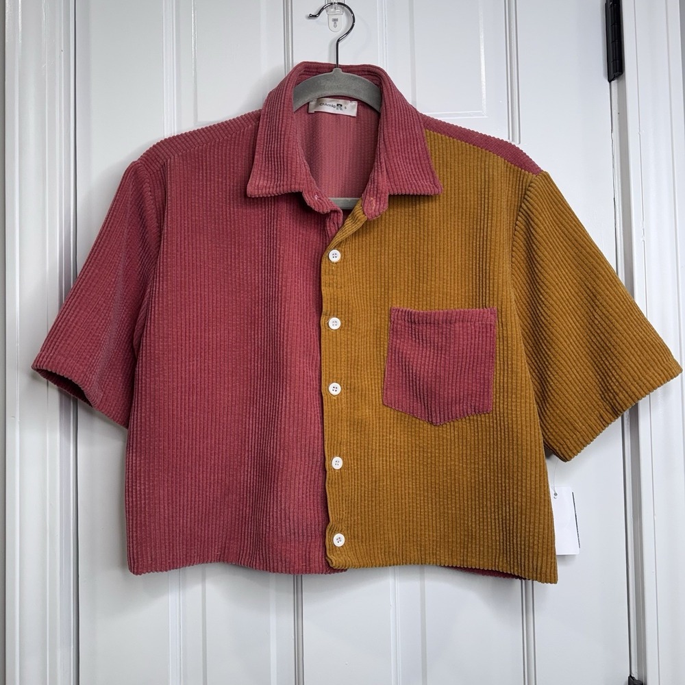 Charmkpr Corduroy Color Block Button Shirt Pink Mustard Womens Small S